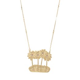  A gold-toned necklace featuring a pendant with a cluster of palm trees, representing a tropical Miami-inspired design. The necklace has a delicate chain and the pendant measures approximately 2 inches in width.