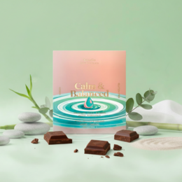 Dark chocolate 49% cocoa, calm balanced wellness design, turquoise ripple pattern, mindfulness packaging