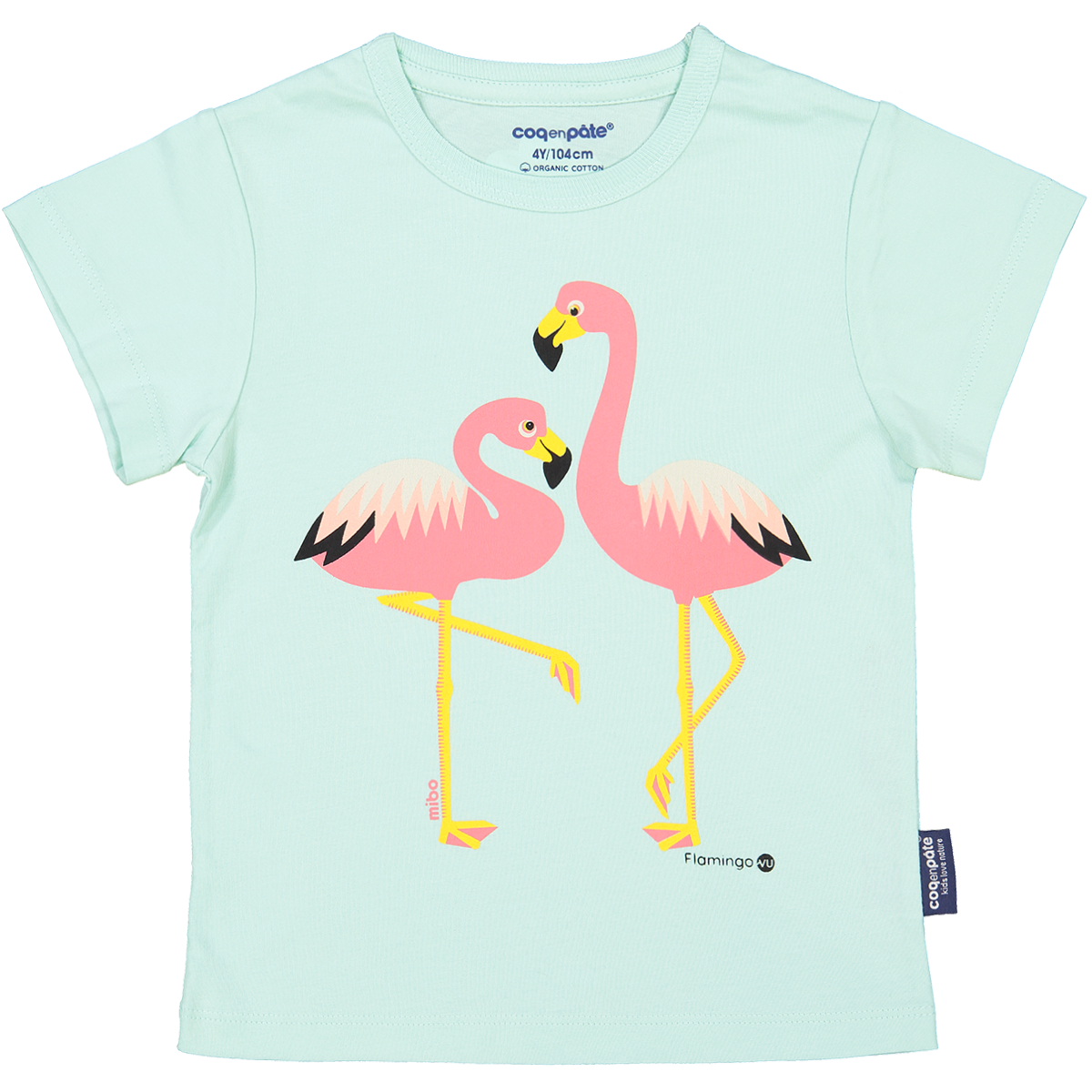 T-shirt dziecięcy z krótkim rękawem, bawełna organiczna, kolor niebieski, różowy flaming