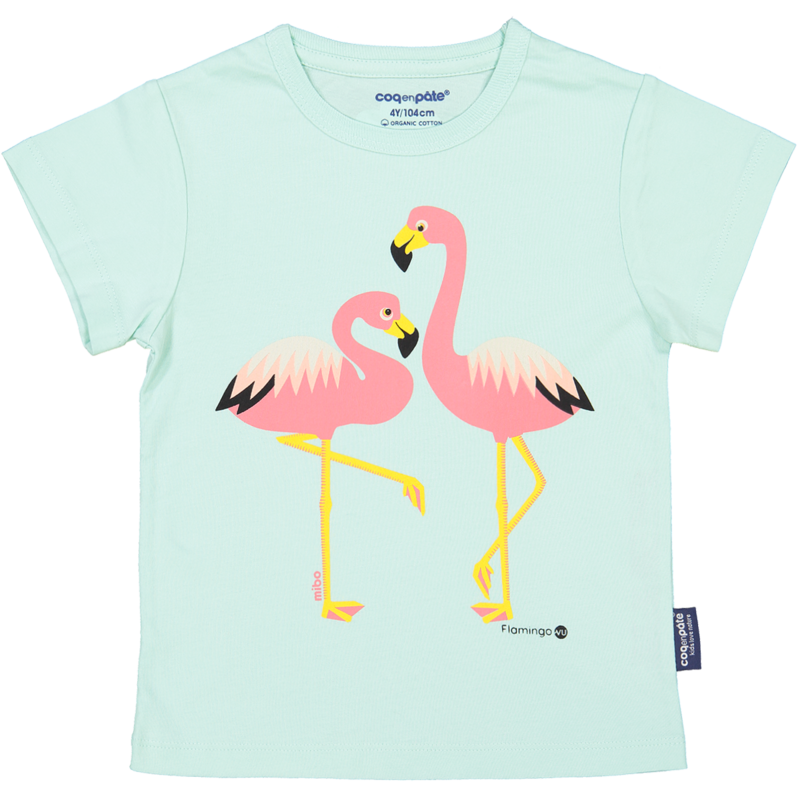 Short-sleeved children's t-shirt, organic cotton, blue, Pink Flamingo