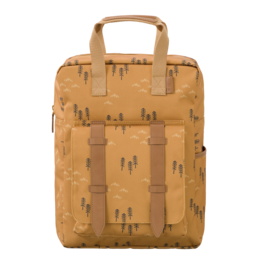 A yellow backpack with a spruce tree pattern, suitable for kids. The backpack features a rectangular shape, a top handle, and adjustable straps.