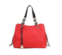 Quilted leather handbag with dual handles, available in black, grey, white, red, and camel colors.