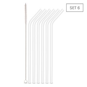 Glazen drinkrietjes schuin transparant 24 cm - set 6 + borstel
