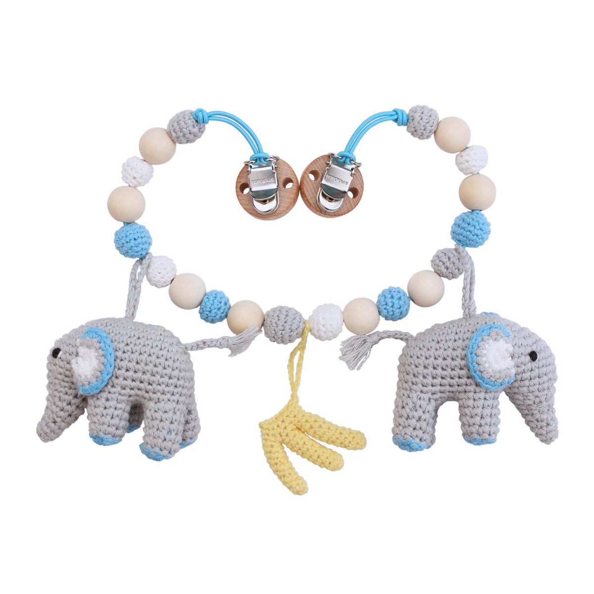 Crocheted pram chain elephant JUMBO in blue
