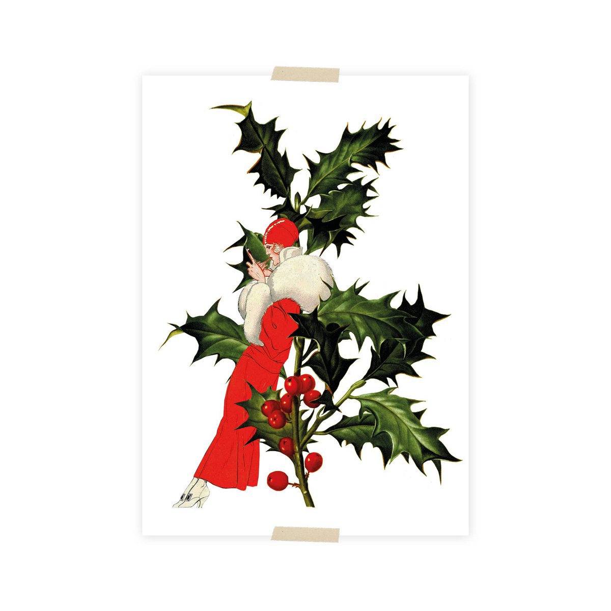 Postal de Navidad collage pequeña dama apoyada en la rama de Navidad