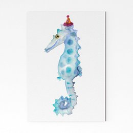 Colorful watercolor illustration of a whimsical seahorse with polka dot patterns and a small figure sitting on top. This vibrant and playful image would make a charming addition to a child's room or nursery decor.