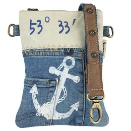 Bolso de hombro sostenible de mujer Sunsa. Bolso bandolera hecho de jeans reciclados y lona (canvas). Bolso estilo retro vintage. Bandolera de mujer con motivo marinero ancla