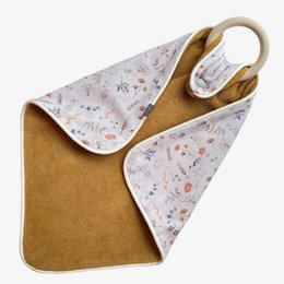 Pacifier cloth with teether in ocher color, featuring a floral pattern design. Made of soft, absorbent material for baby's comfort.
