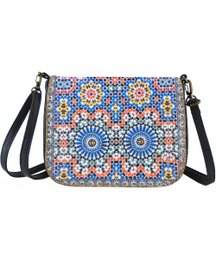 Colorful patterned shoulder bag with adjustable strap and zipper closure.