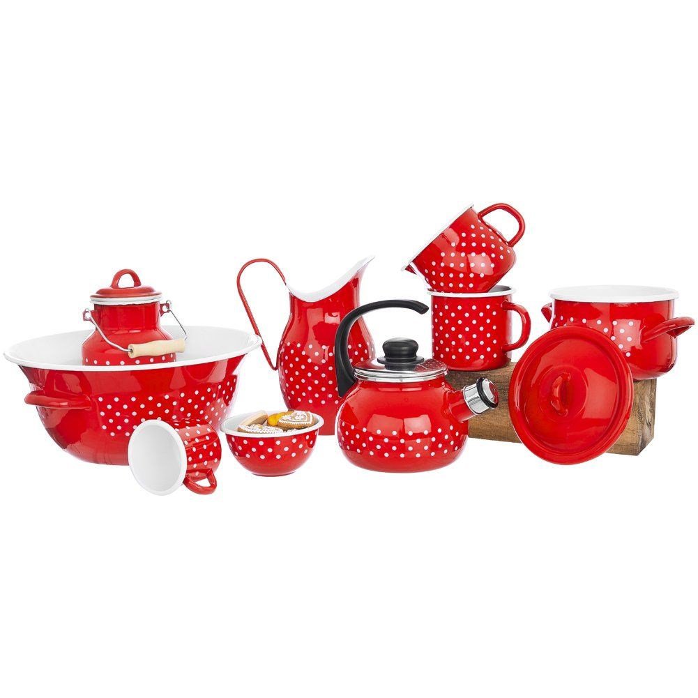 Pot Enamel with Lid Red Polka Dots TECKA 16 cm, 2.3 l