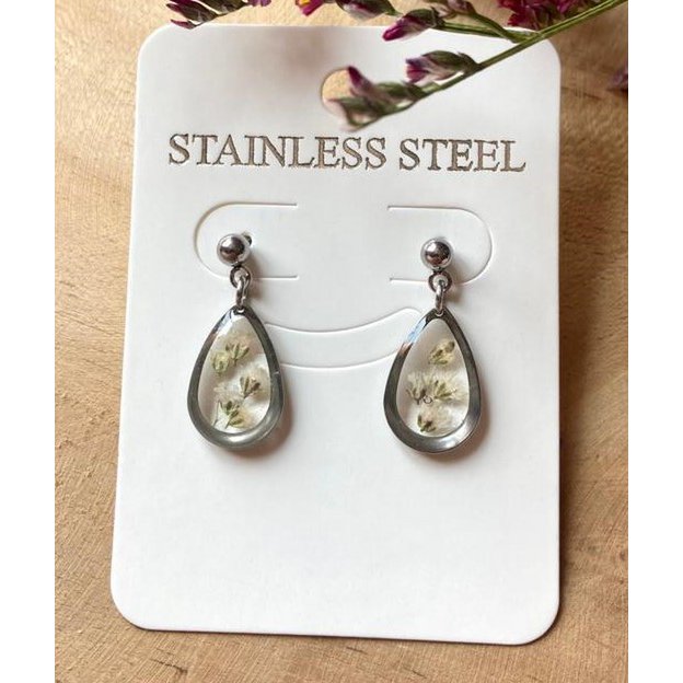 Resin/Stainless Steel Earrings silver with real 'Gypsophila'