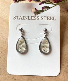 Resin/Stainless Steel Earrings silver with real 'Gypsophila'
