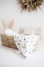 Soft, organic muslin baby blanket with vehicle print, 120x120cm size, perfect for swaddling and snuggling.