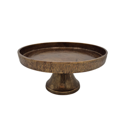  Antique brass shiny cake stand with a round, elevated design.