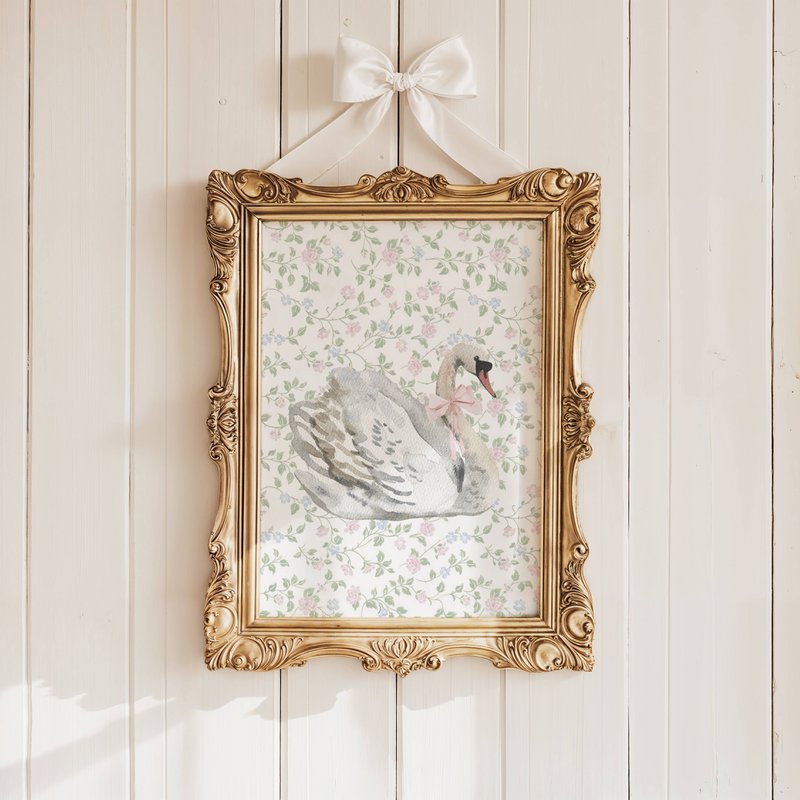 Swan mit rosa Bogenplakat, Vintage -Schwanplakat, rosa Bogenabdruck, Girls Bogenplakat, rosa Mädchenzimmerplakat, Mädchen -Kindergarten -Poster