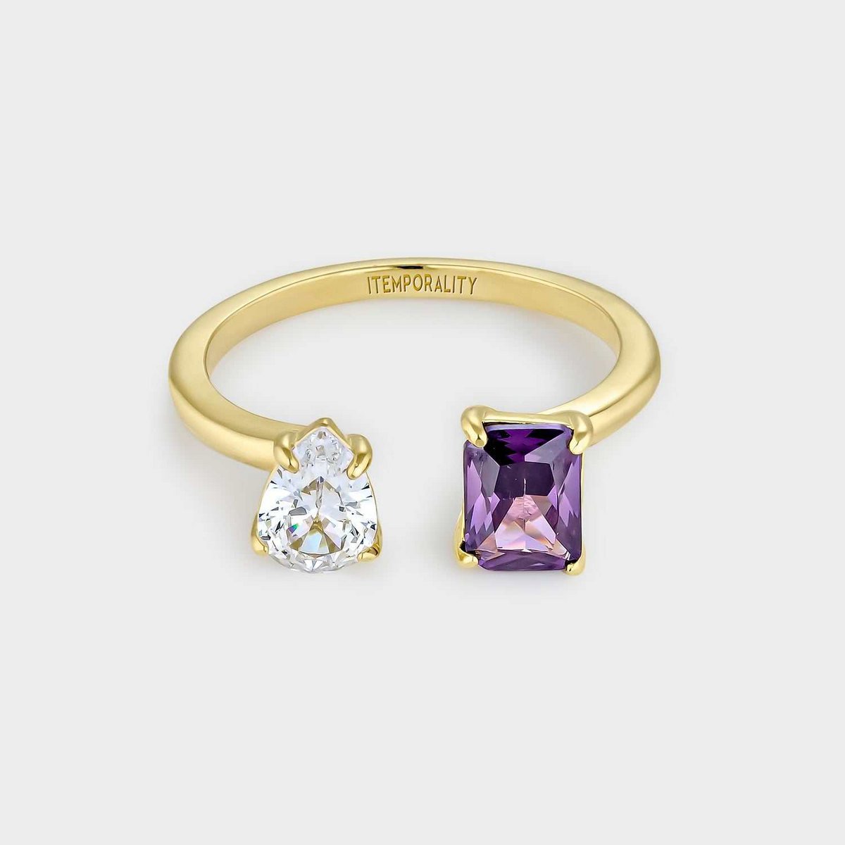 Yellow gold-plated silver ring with rectangular amethyst and white zirconia
