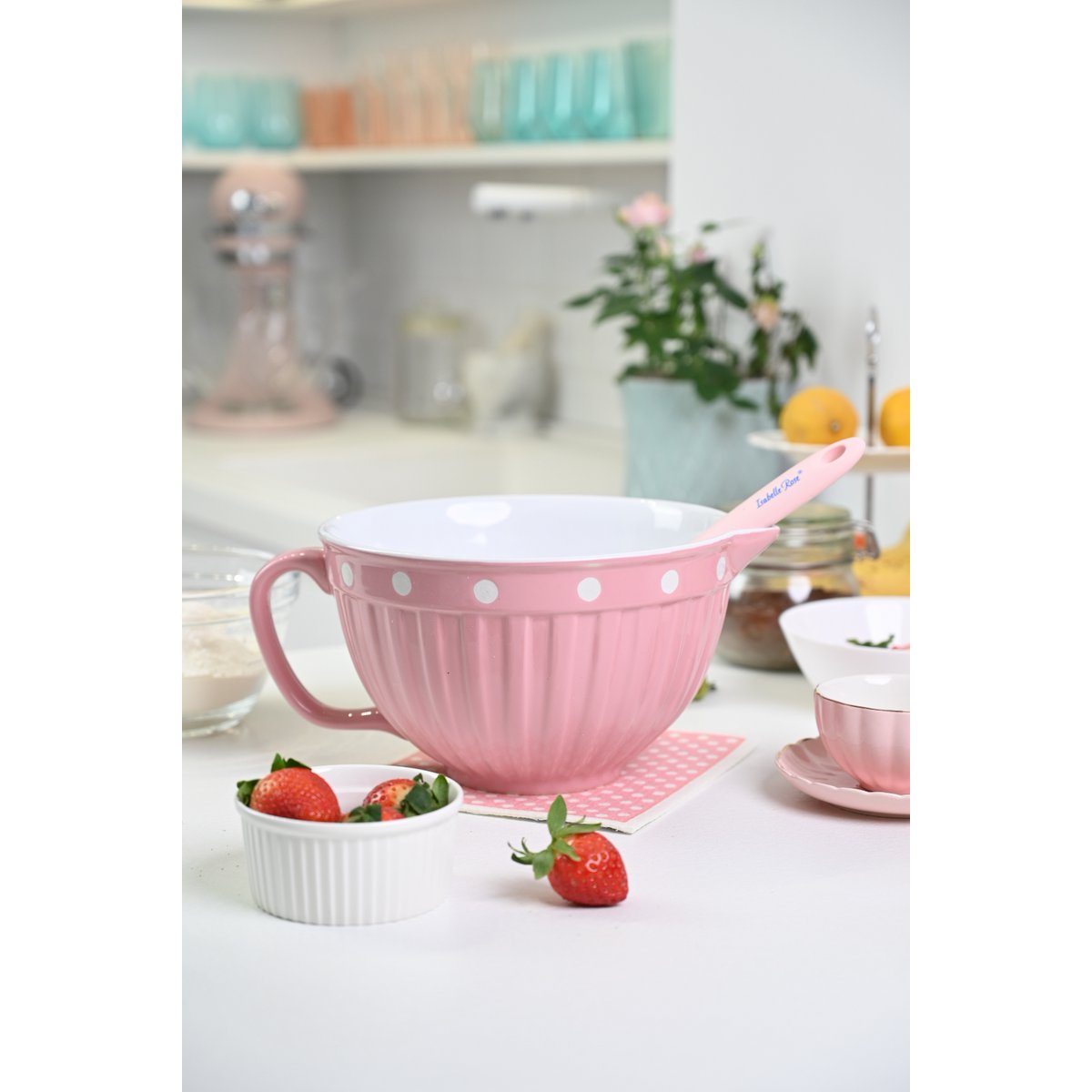 Pink batter bowl with handle & dots Isabelle Rose