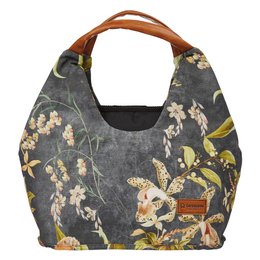A large, floral-patterned diaper bag with a brown leather handle and trim. The bag features a gray and yellow floral design with a subtle camouflage pattern in the background.