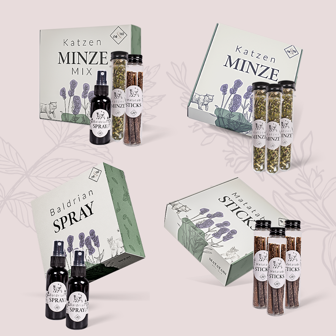 ne&no® Geschenkset Katzen Wohlfühlkräuter: Katzenminze + Baldrian Spray +  Matatabi Sticks