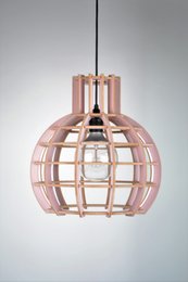 A semi-pink, globe-shaped pendant light with a wooden frame and a diameter of 40 cm or 35 cm.