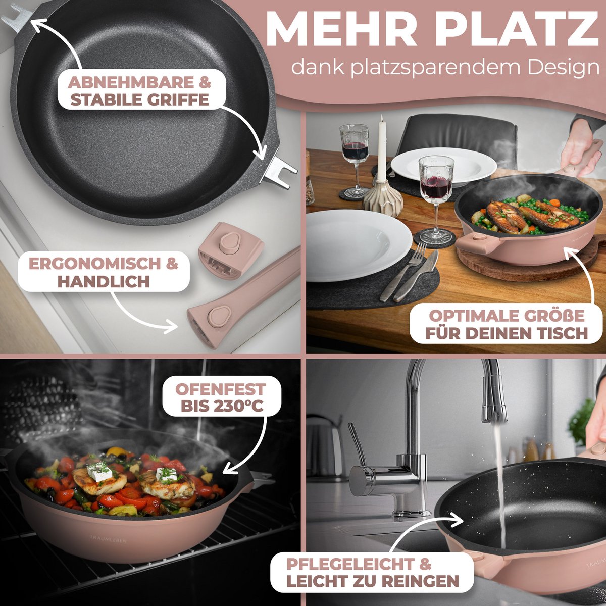 Froh Pan 28 cm, powłoka bez stałej, zdejmowane uchwyty, indukcja, festiwal piekarnika (różowy)