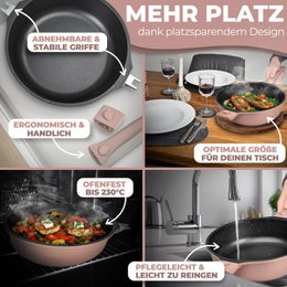 Bratpfanne 28 cm, Antihaftbeschichtung, abnehmbare Griffe, Induktion, backofenfest (rosa)