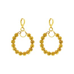Gold-toned drop earrings with a circular wreath design featuring amber-colored beads.