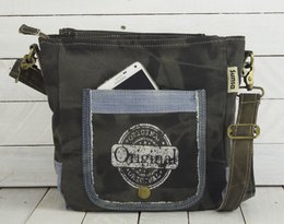 Sunsa Women's Sustainable Messenger Bag. Handbag made from recycled jeans & canvas (canvas). Courier shape shoulder bag. Vintage style shoulder bag. Large crossbody bag for women.