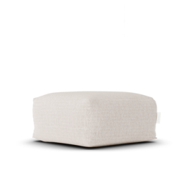 Beige square pouf with boho style, made of soft, plush material. Suitable for use as an ottoman, footrest, or extra seating in a living room or bedroom.