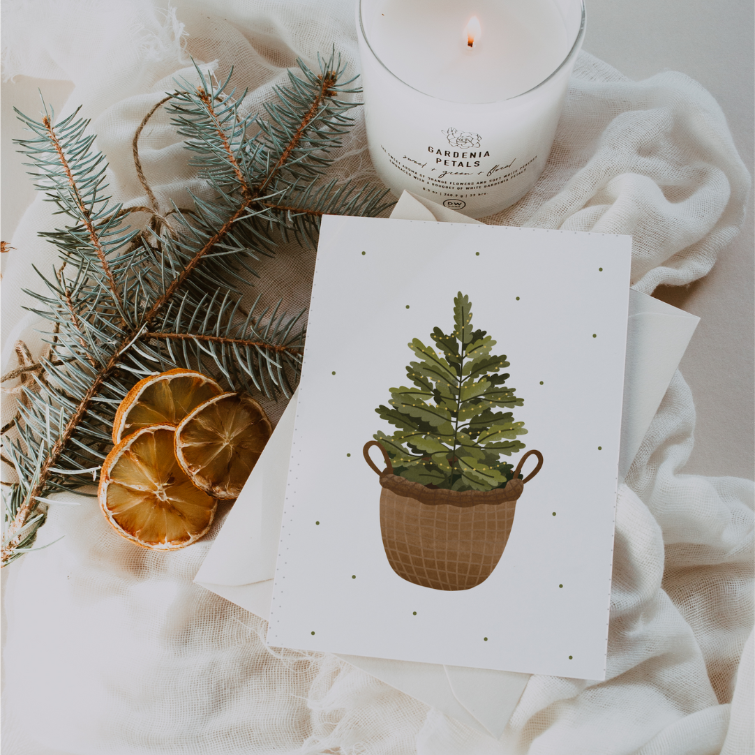 Carte de Noël Sapin de Noël dans un panier - Carte postale de Noël sapin