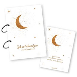 A set of birth announcement cards featuring a crescent moon and stars design in gold foil. The cards are suitable for storing keepsakes and memories of a newborn baby.