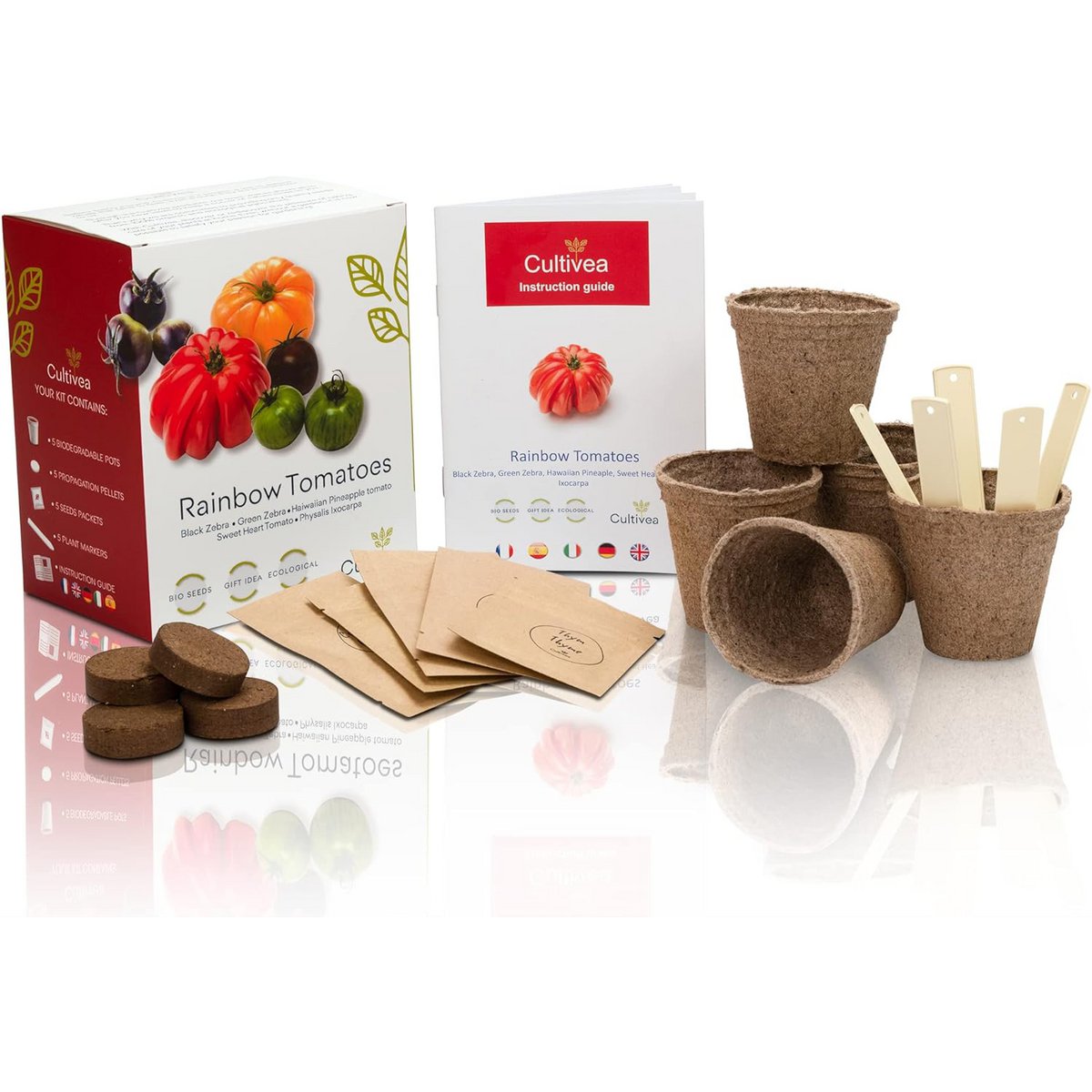 CULTIVEA® Organic* Tomatensamen-Set zum Pflanzen – 5 alte und farbenfrohe Sorten – Ochsenherztomate, Ananastomate, Grünes Zebra, Schwarzes Zebra, Physalis – Komplettes Tomatensetzlingsset mit Töpfen, Pastillen und Anleitung