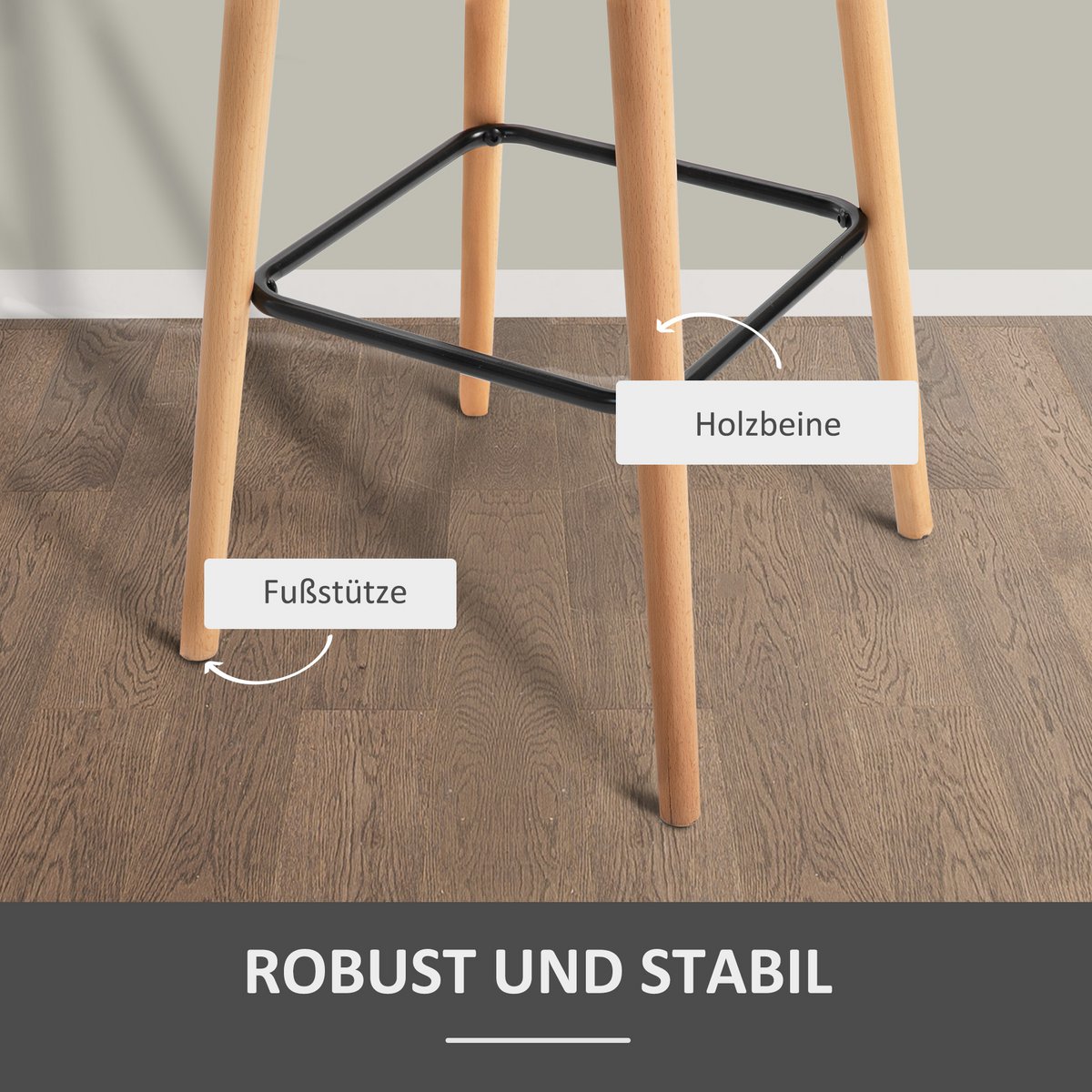 Set of 2 bar stools, including footrest, solid wood, 55 cm x 48 cm x 100 cm, beige