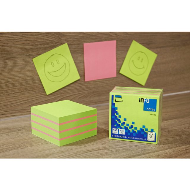 Info-Notizen, 75 x 75 mm, sortierter Block mit 450 Blatt fluoreszierender Farben