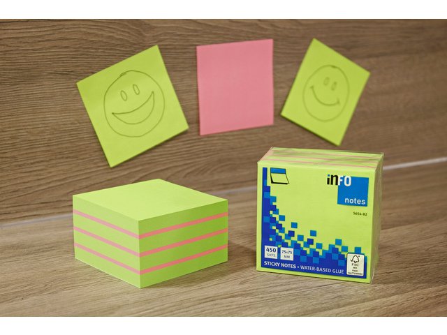 Info-Notizen, 75 x 75 mm, sortierter Block mit 450 Blatt fluoreszierender Farben