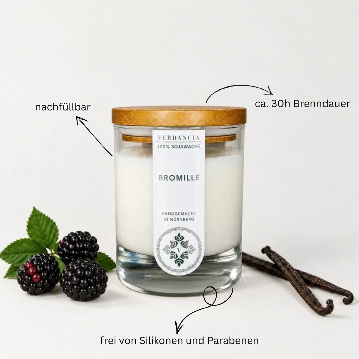 bromilo | Vela perfumada de cera de soja – mora y vainilla – dulce y afrutada