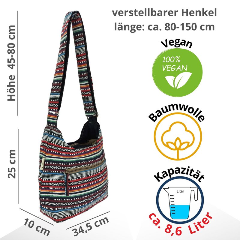 Sunsa hobo tas. Gestreepte geweven katoenen buideltas. Dames/meisjes schoudertas met verstelbaar hengsel. Lichtgewicht grote stoffen tas met ritssluiting.