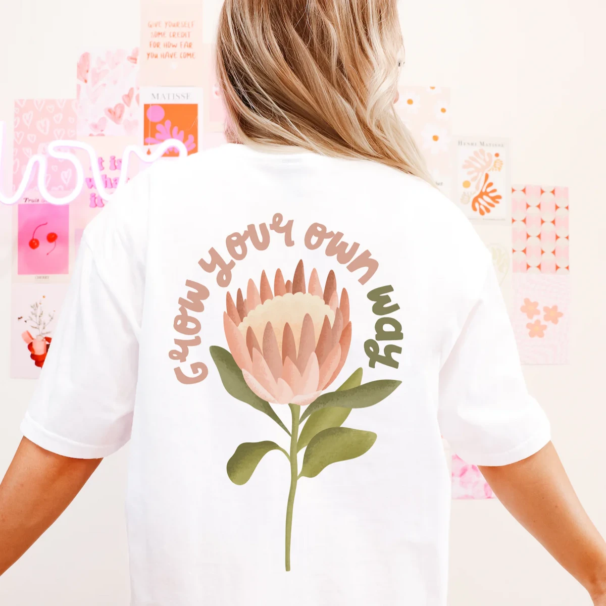 T-shirt Blume BIOBAUMWOLLE Protea "Cresci a modo tuo" - Geschenk Motivierendes Shirt Cottagecore
