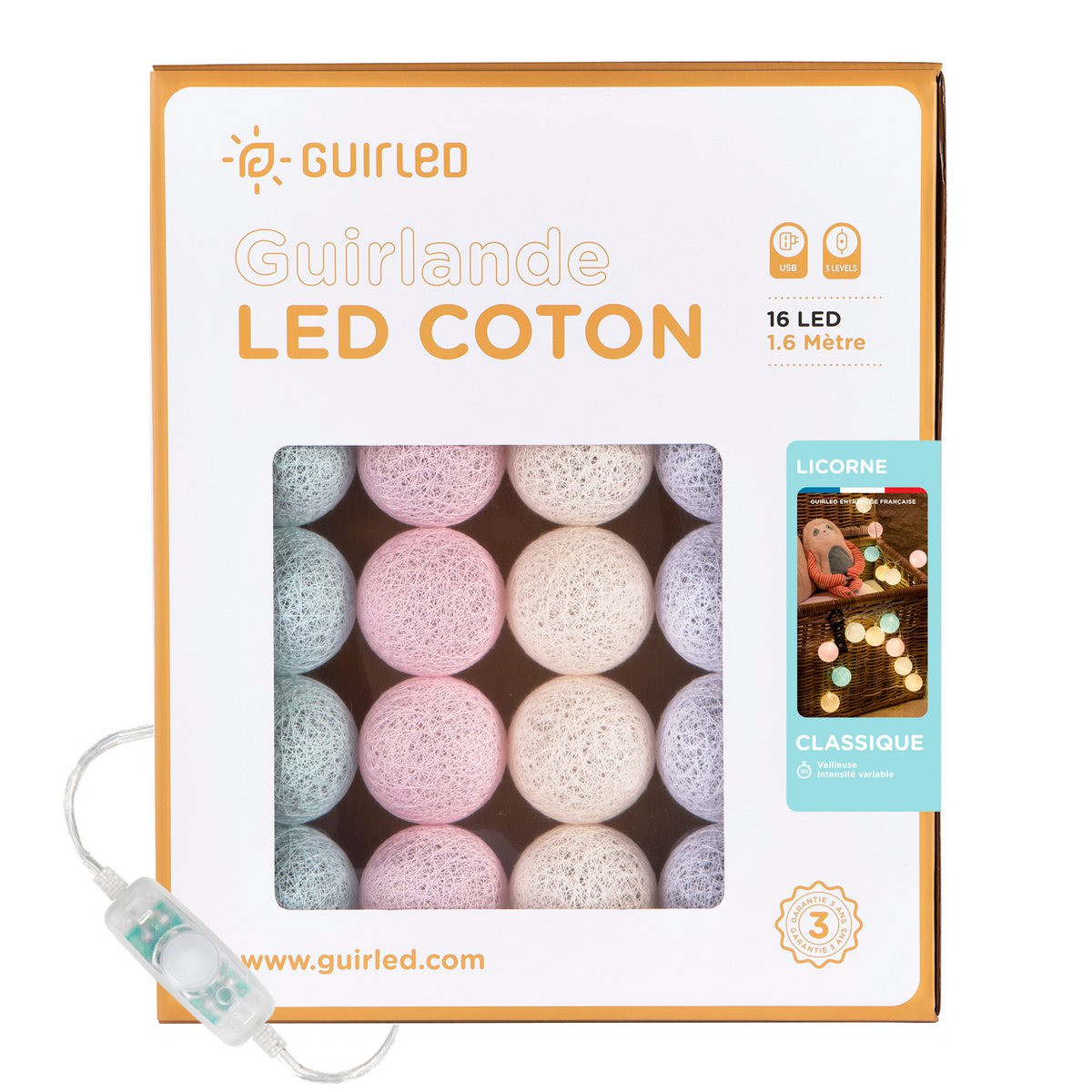 Licorne Classique Guirlande lumineuse boules coton LED USB
