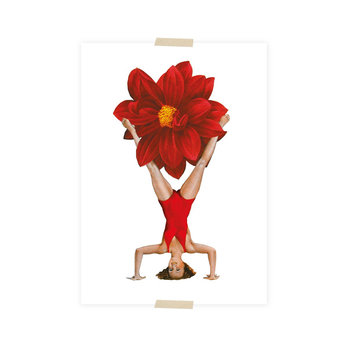 Cartolina collage piccola signora handstand con fiore