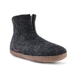Dark gray felt slippers with leather soles, suitable for indoor and outdoor wear.