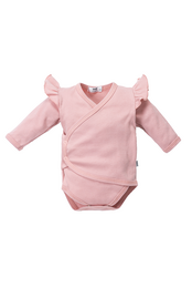 A pink baby bodysuit with a bow detail, suitable for infants. The bodysuit features a wrap-around design and long sleeves, making it a comfortable and stylish option for newborns.
