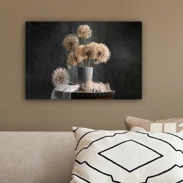 Lærredsmaleri - vægdekoration - blomsterfrø - mælkebøtte - vase - stilleben - buket