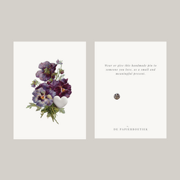 Purple violets floral botanical illustration greeting card with pin