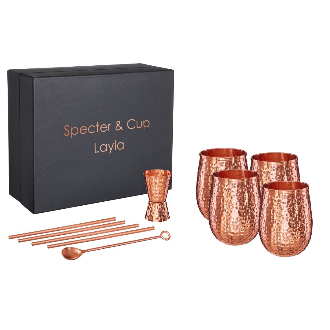 Juego de tazas de cobre Layla - 4x copas de cóctel (martilladas, 470 ml) + juego de accesorios de 6 piezas