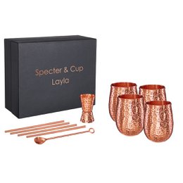 Kupferbecher-Set Layla – 4x Cocktailbecher (gehämmert, 470 ml) + 6-teiliges Zubehör-Set