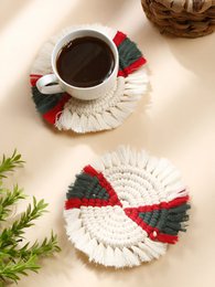 "Braided round coasters, multi-color red white black design, woven textile material, set of two"