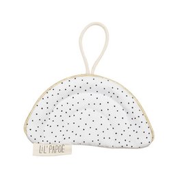 White pacifier clip with black polka dots, made of soft, durable material.