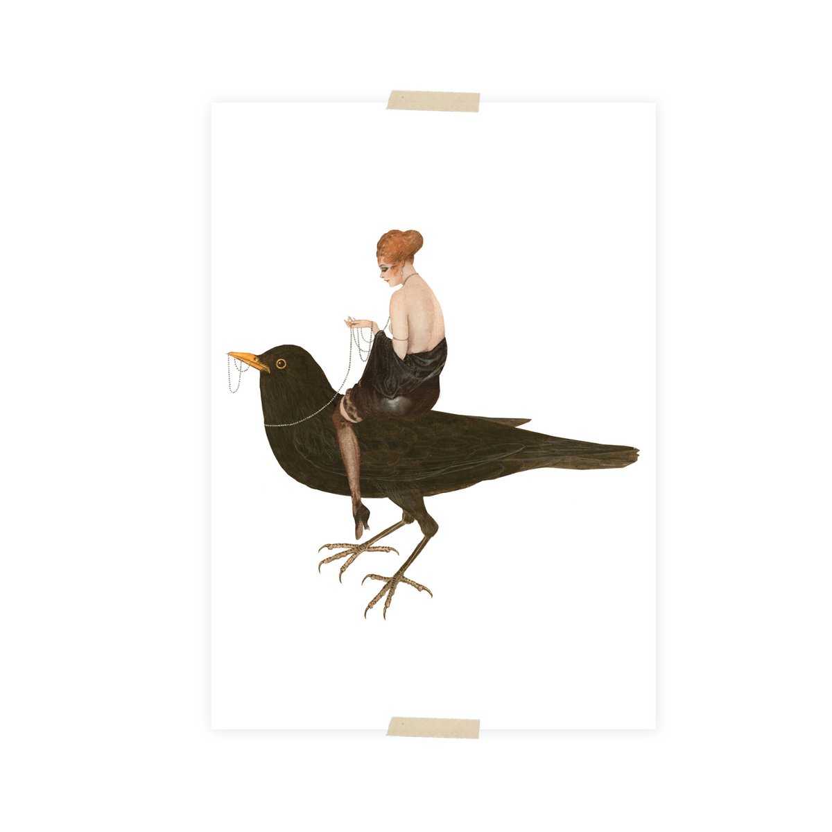 Postal collage dama en mirlo