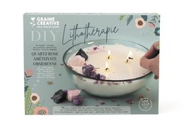 DIY lithotherapy candle set for party table decoration. Includes assorted crystals and essential oils for a relaxing, therapeutic experience.